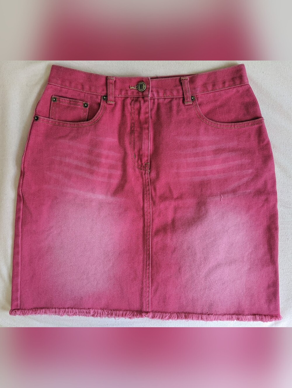 Vintage Y2K Hot Pink Denim Mini Skirt, Raw Hem 6 8 Small Boho Girly